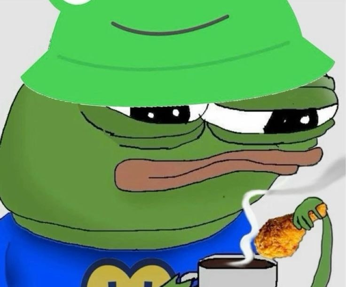 A cartoon frog wearing a green bucket hat and a blue shirt holds a steaming cup of coffee next to a golden hash brown.