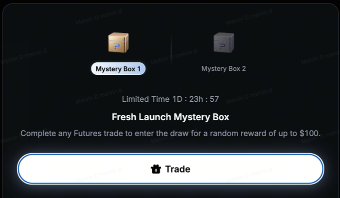 A 'Fresh Launch Mystery Box' promotional page with a 1-day, 23-hour countdown, showing Mystery Box 1 (selected) and Mystery Box 2, offering rewards up to $100 for completing any Futures trade, with a 'Trade' button.