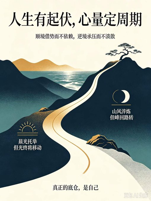 A stylized Chinese poster features a winding path cutting through mountainous terrain toward a reflective body of water, depicting the rise and fall of life's journey. The Chinese text reads "人生有起伏, 心量定周期" (Life has ups and downs, mindset determines the cycle) along with the caption "真正的底仓, 是自己" (The true foundation is oneself), reinforcing the message that resilience through adversity reveals one's true character.
