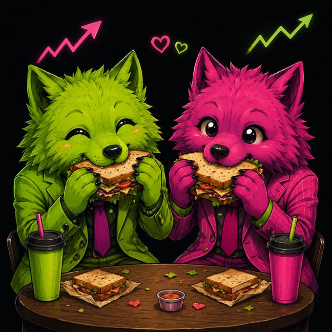 A vibrant cartoon illustration of two anthropomorphic wolves—one green and one pink—wearing suits and eating sandwiches at a table, with pink and green upward trend arrows and hearts in the background.
