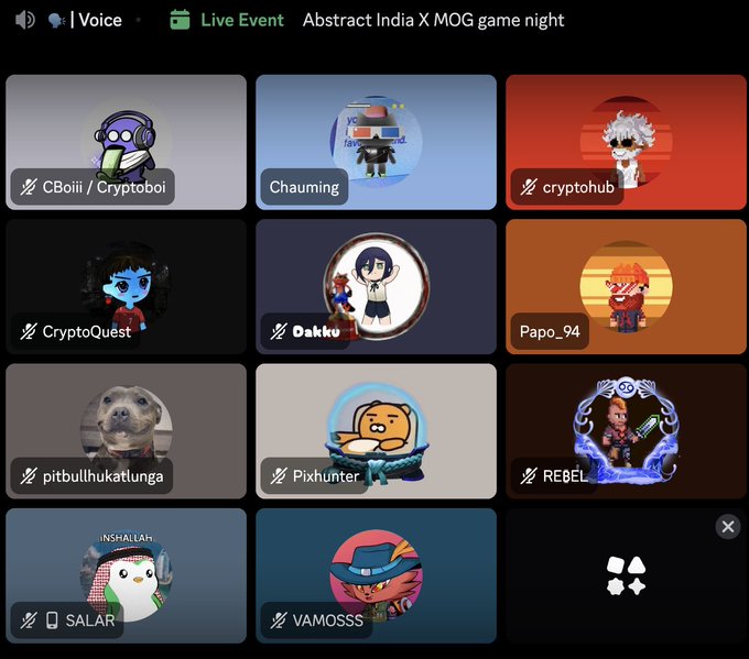 A screenshot of a live event titled 'Abstract India X MOG game night' showing a grid of 11 participant avatars with usernames like CBoii/Cryptoboi, Chauming, cryptohub, CryptoQuest, Dakku, Papo_94, pitbullhukatlunga, Pixhunter, REBEL, SALAR, and VAMOSSS.