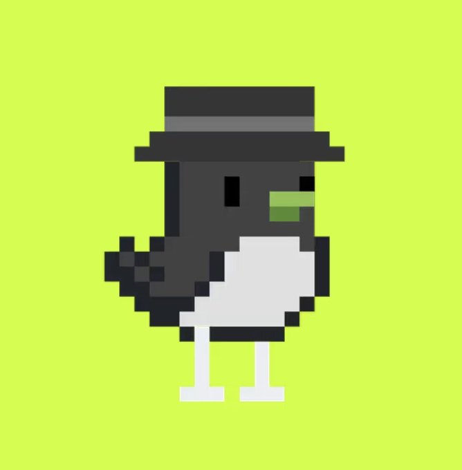 A pixel art illustration of a black bird with a green beak, wearing a black top hat, standing against a solid light green background.