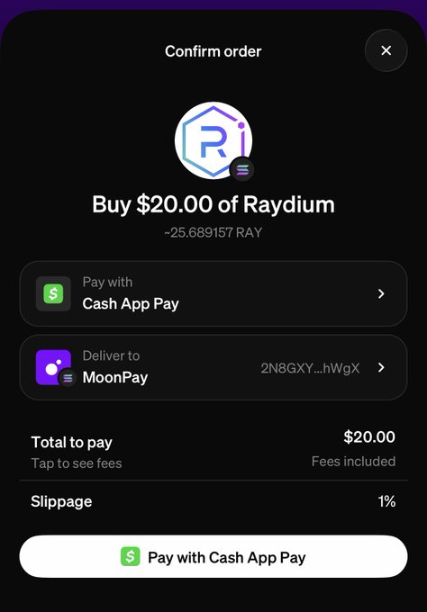 A mobile confirmation screen shows a MoonPay purchase of $20.00 worth of Raydium (RAY) tokens, approximately 25.689157 RAY, being paid with Cash App Pay. The image reflects the "easy" caption by demonstrating the simplicity of buying crypto through MoonPay's streamlined checkout process.