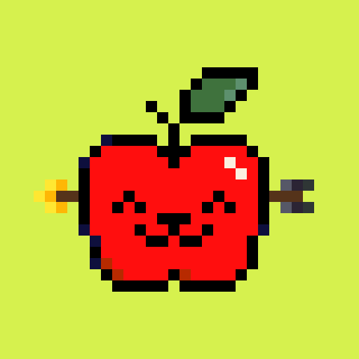 A pixel art illustration of a red apple character with a smiling face, stick arms, and a green leaf against a bright green background.