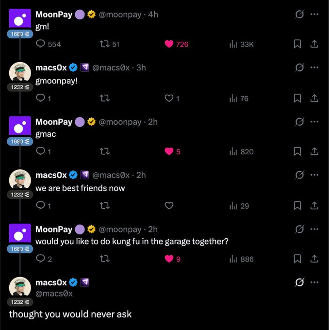A Twitter thread between 'MoonPay' (@moonpay) and 'macs0x' (@macs0x) where they exchange pleasantries, with MoonPay asking 'would you like to do kung fu in the garage together?' and macs0x replying 'thought you would never ask'.