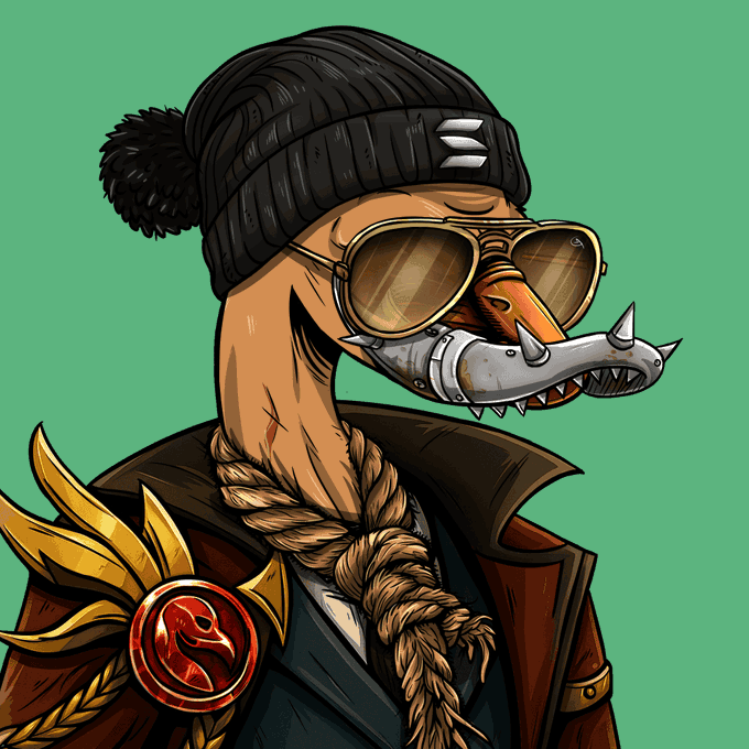 The image features a cartoon character wearing sunglasses, a hat, and a jacket with a bird emblem on it. The character has a beard and a mustache, giving them a unique appearance. They are standing against a green background, which contrasts nicely with their attire. The caption of the image reads "I just minted this @LetsFlamingoNFT because I believe the future is bright, the future is pink". This message seems to be related to the character's outfit and overall theme, as they are described as having a "bright" or "pink" future.