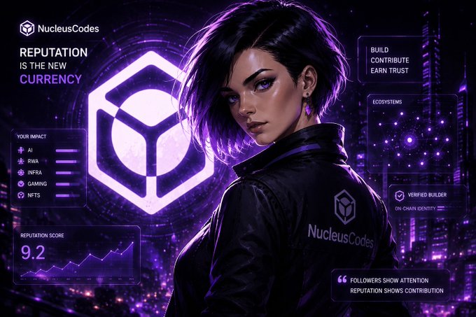 A cyberpunk-style promotional image for 'NucleusCodes' shows a woman with purple hair against a futuristic city backdrop, featuring the tagline 'REPUTATION IS THE NEW CURRENCY' and a reputation score of 9.2.