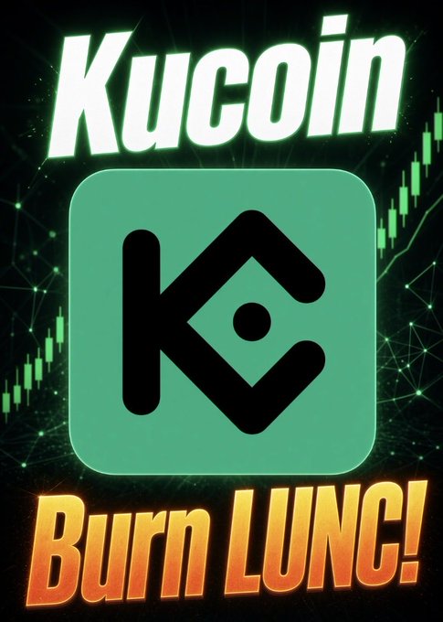Promotional graphic for KuCoin cryptocurrency exchange featuring its green 'K' logo, with the text 'Burn LUNC!' in fiery orange letters at the bottom against a background of financial charts.