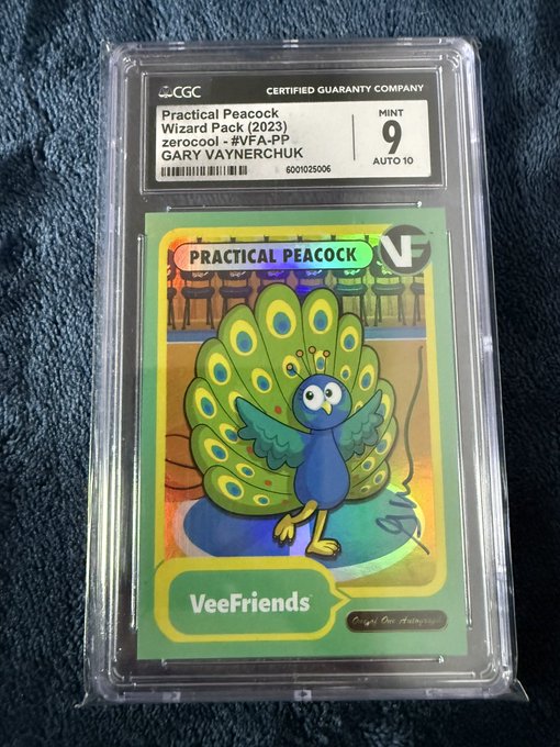 A graded CGC Mint 9 card featuring 'PRACTICAL PEACOCK' from the Wizard Pack (2023) VeeFriends series by Gary Vaynerchuk, signed by the creator.