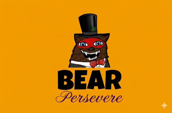 A cartoon bear wearing a black top hat, red bow tie, and red mask grins widely above the bold text 'BEAR Persevere' on an orange background.