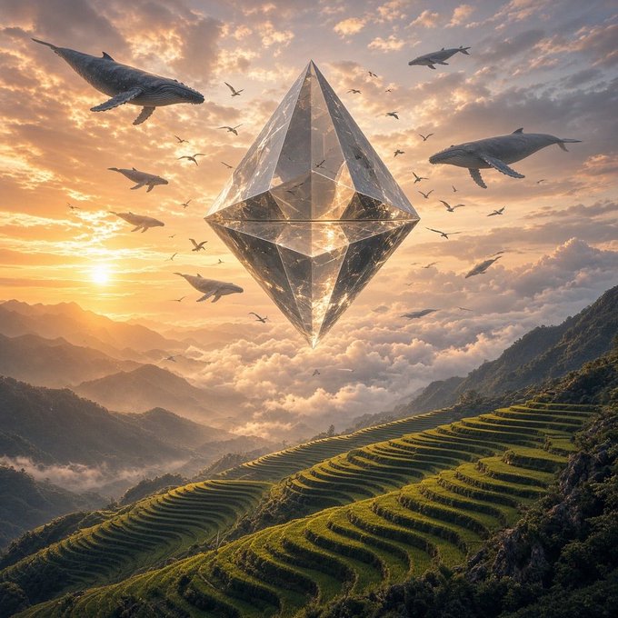 A massive crystalline Ethereum logo floats above golden, terraced mountains at sunset, surrounded by majestic whales soaring through the clouds and sky. The scene visually reinforces the post's message, symbolizing how $ETH attracts "whales" (large investors) and represents limitless potential in the crypto space.