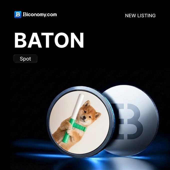 A Biconomy.com 'NEW LISTING' announcement for 'BATON' (Spot), featuring a 3D coin with a Shiba Inu dog holding a baton.