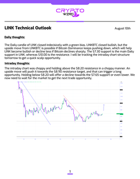 A technical analysis document titled 'LINK Technical Outlook' dated August 10th from CRYPTO WTF, analyzing Chainlink's closed indecisive green box and potential breakout above the $8.20 resistance.