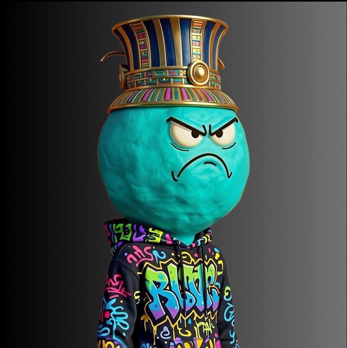 A 3D-rendered character with a teal furry face, angry expression, and an Egyptian-style headdress, wearing a colorful graffiti hoodie.