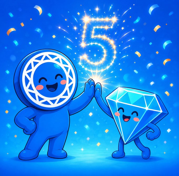 The image features two cartoon characters standing next to each other against a blue background with stars and confetti falling from above, celebrating a special occasion like a birthday or an anniversary. The character on the left has its arms raised high in the air, while the one on the right is holding up a diamond-shaped object that resembles a gemstone. Both characters are smiling, conveying happiness and excitement for the event they're celebrating.