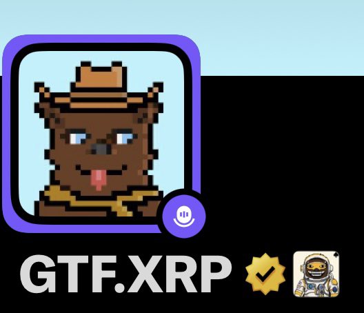 A profile graphic or icon featuring a pixelated brown bear character wearing a cowboy hat with its tongue out, labeled 'GTF.XRP' with verified and astronaut emoji icons.