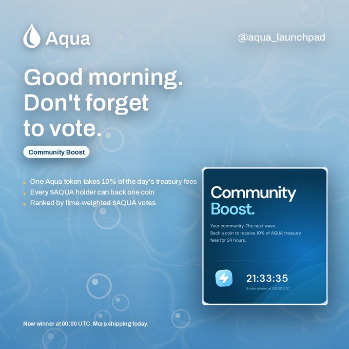 An Aqua crypto promotional graphic titled "Good morning. Don't forget to vote." promoting a Community Boost where one $AQUA token claims 10% of daily treasury fees.