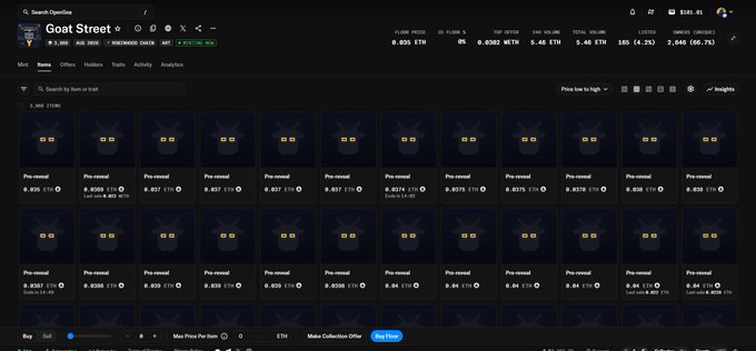 A screenshot of the OpenSea NFT marketplace showing a collection called "Goat Street" priced at 0.0025 ETH, displaying multiple pre-revealed NFT items with cat-like dark silhouettes.