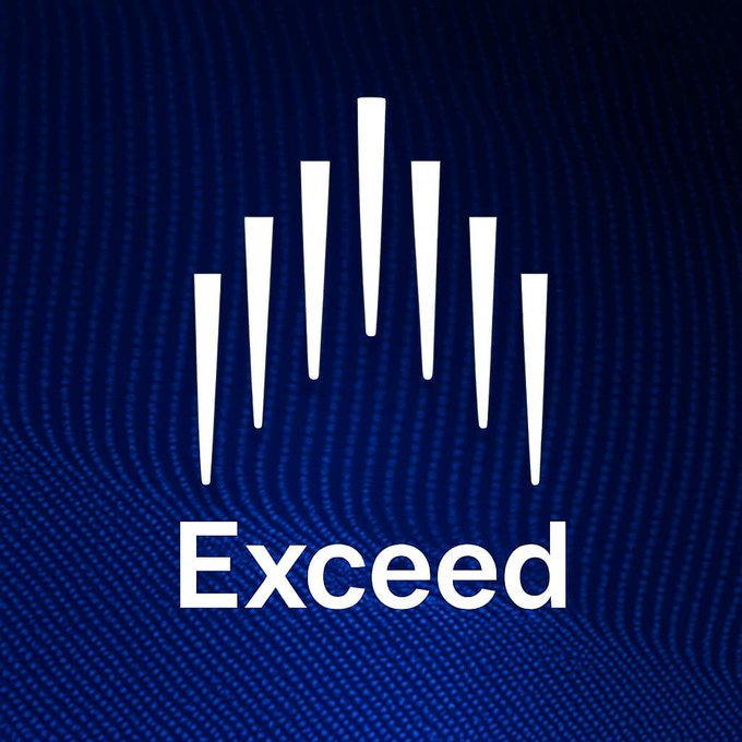 A logo featuring a stylized white crown above the word 'Exceed' set against a dark blue textured background.