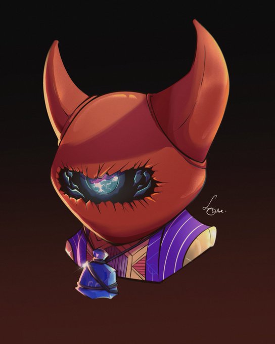 A stylized digital illustration of a red horned creature with a large singular eye, wearing a purple and white striped garment and holding a blue gemstone.