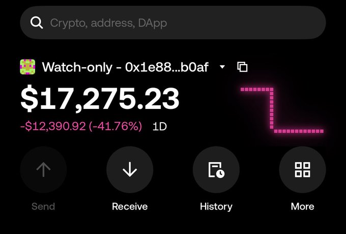 A crypto wallet dashboard displays a watch-only address (0x1e88...b0af) showing a balance of $17,275.23, down $12,390.92 (-41.76%) over 1D, celebrating reaching 5 figures from what appears to be a significant airdrop.