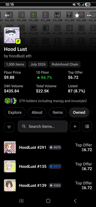 A mobile app screen showing the 'Hood Lust' NFT collection by hoodlust.eth, with 1,000 items, a floor price of $9.88, and listings including 'HoodLust #291', '#135', and '#139'.