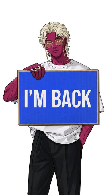 An anime-style character with red skin, blonde hair, and sunglasses holds up a blue sign reading 'I'M BACK'.