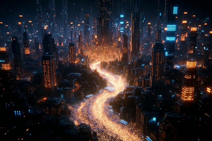 A cinematic digital artwork of a futuristic cyberpunk cityscape at night, featuring towering illuminated skyscrapers and a glowing river of orange and gold light snaking through the dark urban environment.