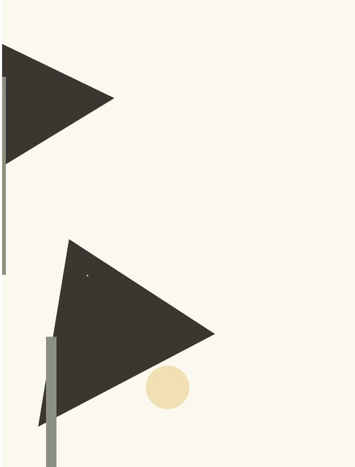 A minimalist illustration of two black triangular flags on poles with a small beige circle below one, set against a cream background.