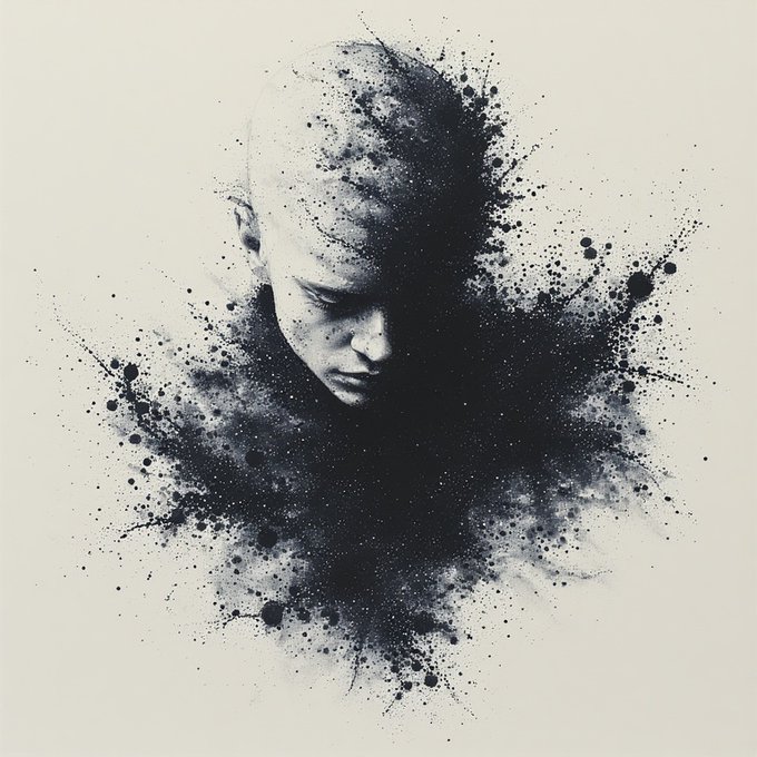 A black ink splatter artwork depicts a young boy's head dissolving into chaotic splashes of black ink against a white background.