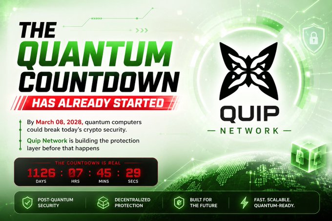 The image features a poster for Quip Network that highlights the importance of Quantum computing security. The poster includes a clock showing the time as 11:23 AM and a black butterfly logo representing the Quip network. It also mentions that many blockchains are still in discussions and governance debates, which could potentially lead to an increase in Quantum threats. Additionally, it states that @quipnetwork is already shipping live post-quantum wallets on Bitcoin and Ethereum.