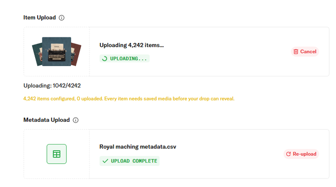 The image shows an upload progress screen with "Uploading 4,242 items..." at 1042/4242 completion and a successfully uploaded "Royal maching metadata.csv" file. This aligns with the post's announcement that the NFT drop upload is nearly finished, encouraging viewers to visit royalmechanica.xyz/Staking/ while waiting for the process to complete.
