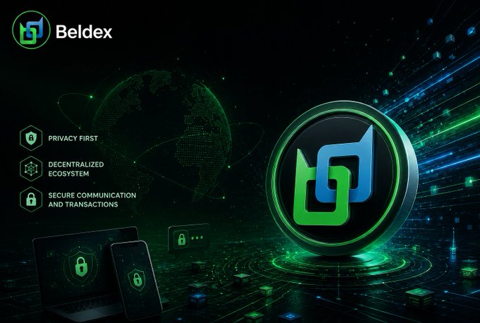 A promotional graphic for 'Beldex' featuring its green logo and the tagline values 'PRIVACY FIRST', 'DECENTRALIZED ECOSYSTEM', and 'SECURE COMMUNICATION AND TRANSACTIONS' set against a tech-themed background with a globe and circuit patterns.