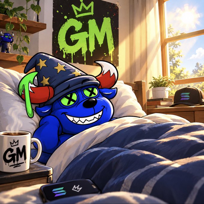 A cartoon illustration of a blue creature with star eyes and a wizard hat relaxing in bed, with 'GM' graffiti art on the wall and an Solana logo visible.