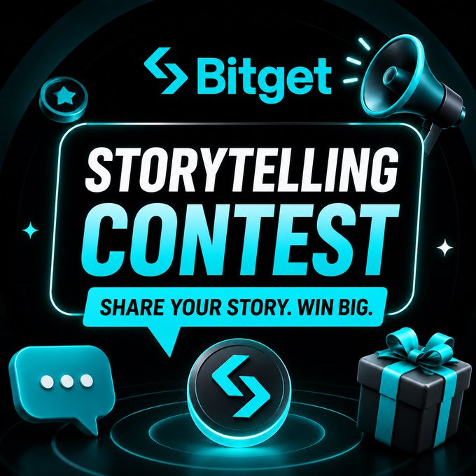 A promotional graphic for the 'Bitget STORYTELLING CONTEST' with the tagline 'SHARE YOUR STORY. WIN BIG.', featuring a megaphone, gift box, and chat bubble icons on a dark background.