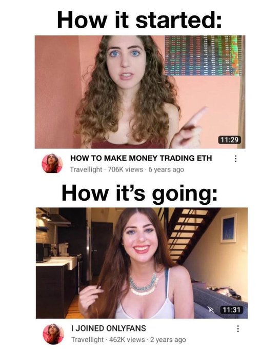 A meme contrasting two YouTube thumbnails from the creator Travelight, showing her progression from a 2018 video titled "HOW TO MAKE MONEY TRADING ETH" (706K views) to a 2020 video titled "I JOINED ONLYFANS" (462K views), humorously suggesting ETH holders should follow her lead in pivoting to OnlyFans after crypto trading didn't work out.