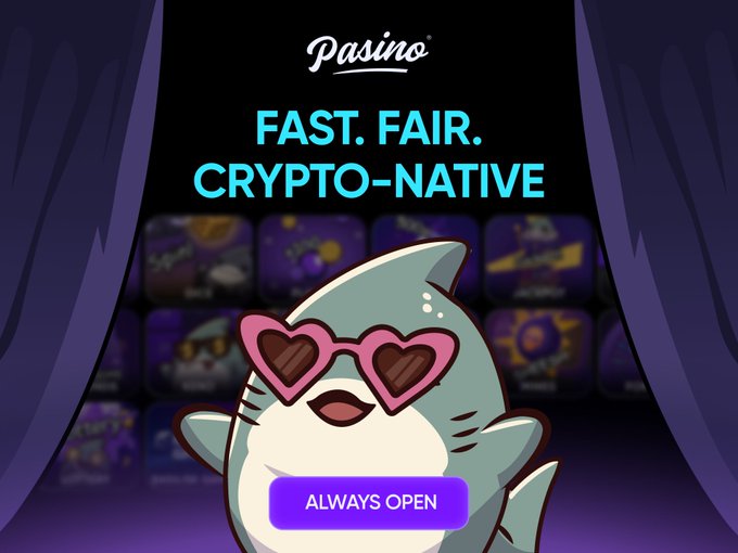 An advertisement for Pasino casino featuring a cartoon shark character wearing pink heart-shaped sunglasses, with the text 'FAST. FAIR. CRYPTO-NATIVE' and an 'ALWAYS OPEN' button.