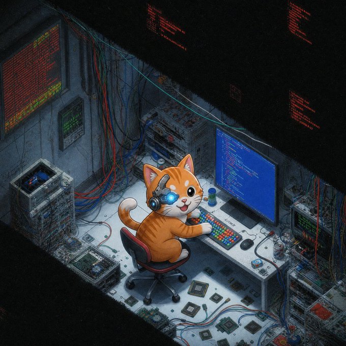 A digital illustration of an orange and white cat wearing a headset and augmented reality glasses, working on a colorful keyboard at a computer terminal surrounded by complex wiring and screens.