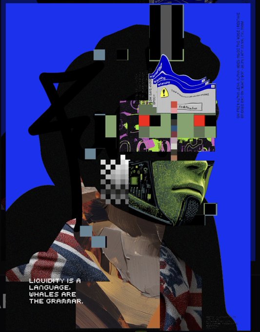 A surreal digital collage featuring a silhouette profile containing pixelated elements, a green creature face, and text reading 'LIQUIDITY IS A LANGUAGE. WHALES ARE THE GRAMMAR.'