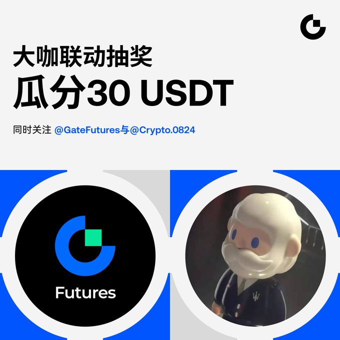 A promotional graphic for Gate Futures announces a giveaway "瓜分30 USDT", requiring users to follow @GateFutures and @Crypto.0824, featuring the Gate.io logo and a cartoon mascot.