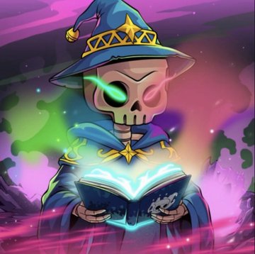 A cartoon-style illustration shows a skeleton wizard in a blue robe and star-emblazoned hat reading a glowing spellbook amid swirling green and purple magical energy.