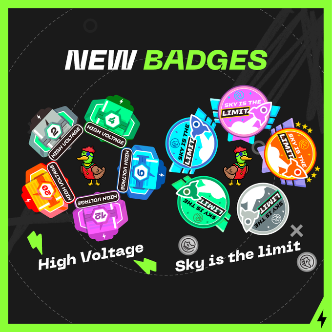 Graphic advertising 'NEW BADGES' on a green background, showcasing 'High Voltage' numbered badges and 'Sky is the limit' rocket-themed badges.