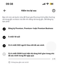 The image shows a Vietnamese-language Instagram help center article titled "Kiếm tra lại sau" (Check back later) with bullet points about Premium Business verification, account age, and follower counts, accompanied by a message explaining that account growth has not occurred despite increased views. The screenshot illustrates the user's frustration as it displays platform metrics and criteria—suggesting that despite high engagement (views), the account still hasn't met Instagram's growth thresholds, tying directly to the post's complaint about views soaring while original content metrics stagnate.