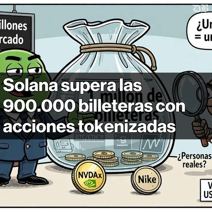 An illustration of a frog character in a suit next to a money bag containing coins labeled "NVDXx" and "Nike", with text reading "Solana supera las 900.000 billeteras con acciones tokenizadas".