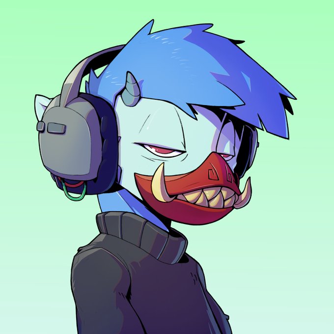 Digital artwork of a blue-haired character with headphones and a red mask featuring sharp teeth on a green background.