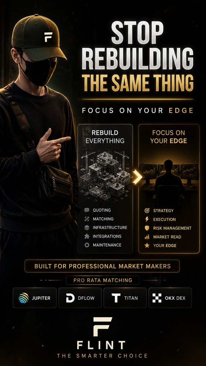 An advertisement for Flint with the headline 'STOP REBUILDING THE SAME THING' encourages professional market makers to focus on strategy and execution instead of infrastructure, listing partners Jupiter, DFlow, Titan, and OKX DEX.