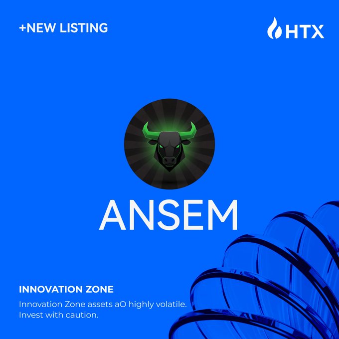 A blue announcement graphic from HTX featuring "+NEW LISTING" at the top, the HTX logo in the corner, and a central black bull mascot with glowing green horns labeled "ANSEM," accompanied by an "INNOVATION ZONE" disclaimer noting the asset's high volatility. The bold, minimalist design reinforces the post's message of a new high-risk memecoin listing launching on HTX, with the bull imagery visually echoing ANSEM's "Black Bull" branding and "one direction" trading philosophy.