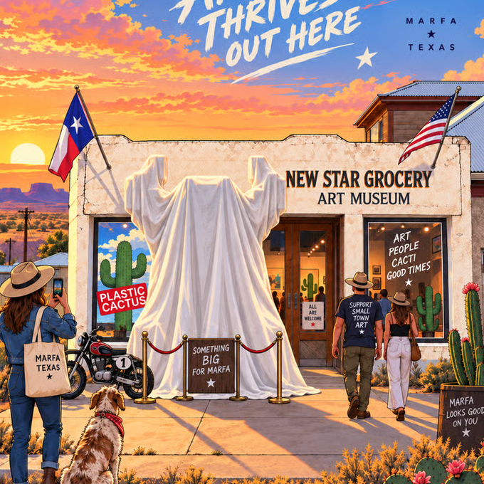 An illustrated travel poster for Marfa, Texas, depicts a 'NEW STAR GROCERY ART MUSEUM' with a covered sculpture, cacti, a Texas flag, and text reading 'THRIVE OUT HERE' and 'ART PEOPLE CACTI GOOD TIMES'.
