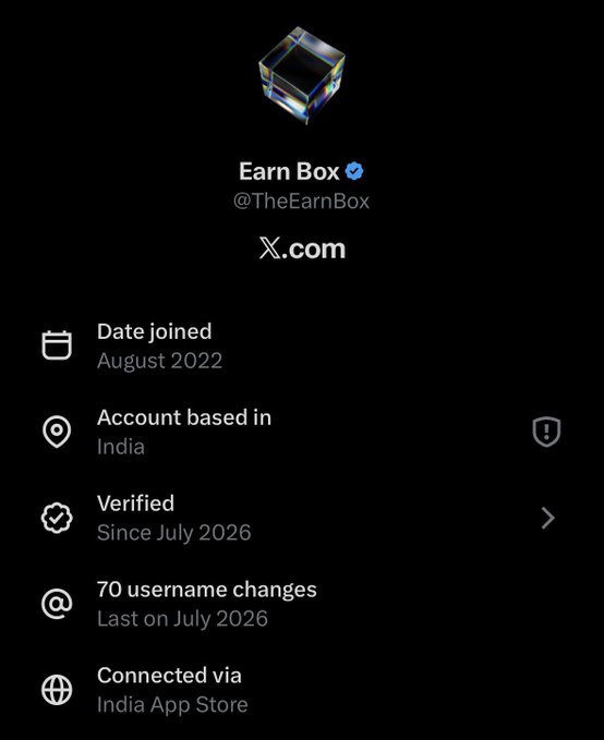 The image shows a Twitter/X profile for "Earn Box" (@TheEarnBox), verified since July 2026, based in India, and notably displaying "70 username changes" with the last one occurring in July 2026—directly supporting the post's observation that 70 username changes is an extraordinary and suspicious number.