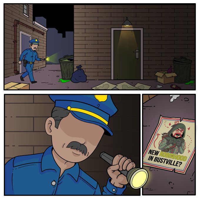 A police officer searches a gritty alleyway and discovers a wanted poster for "NEW ROBINHOOD IN BUSTVILLE?", hinting at the conman recruitment mentioned in the post's caption.